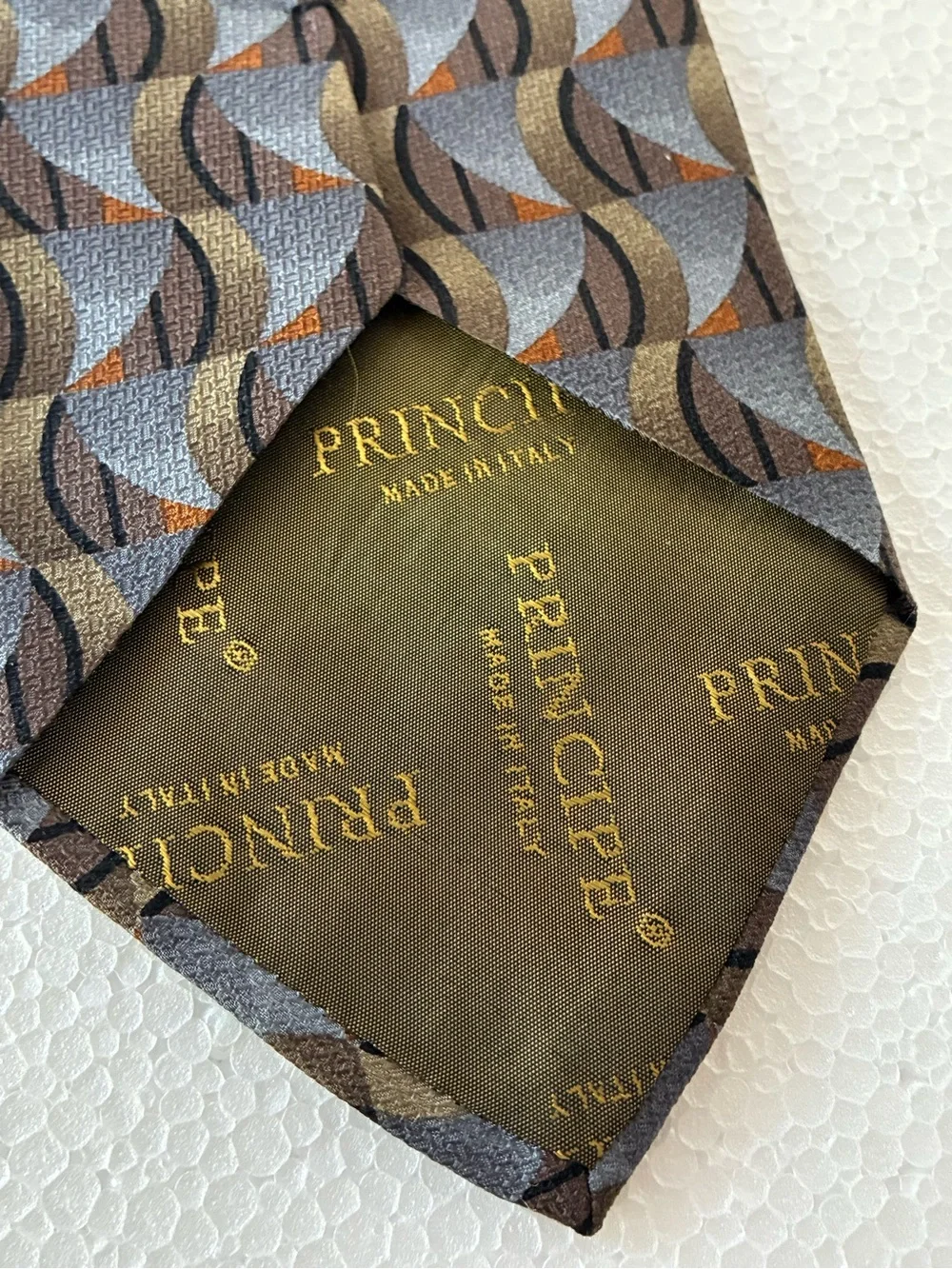Principe Made in Italy 100% Silk Extra Long Geometric Tie Gray and Brown
